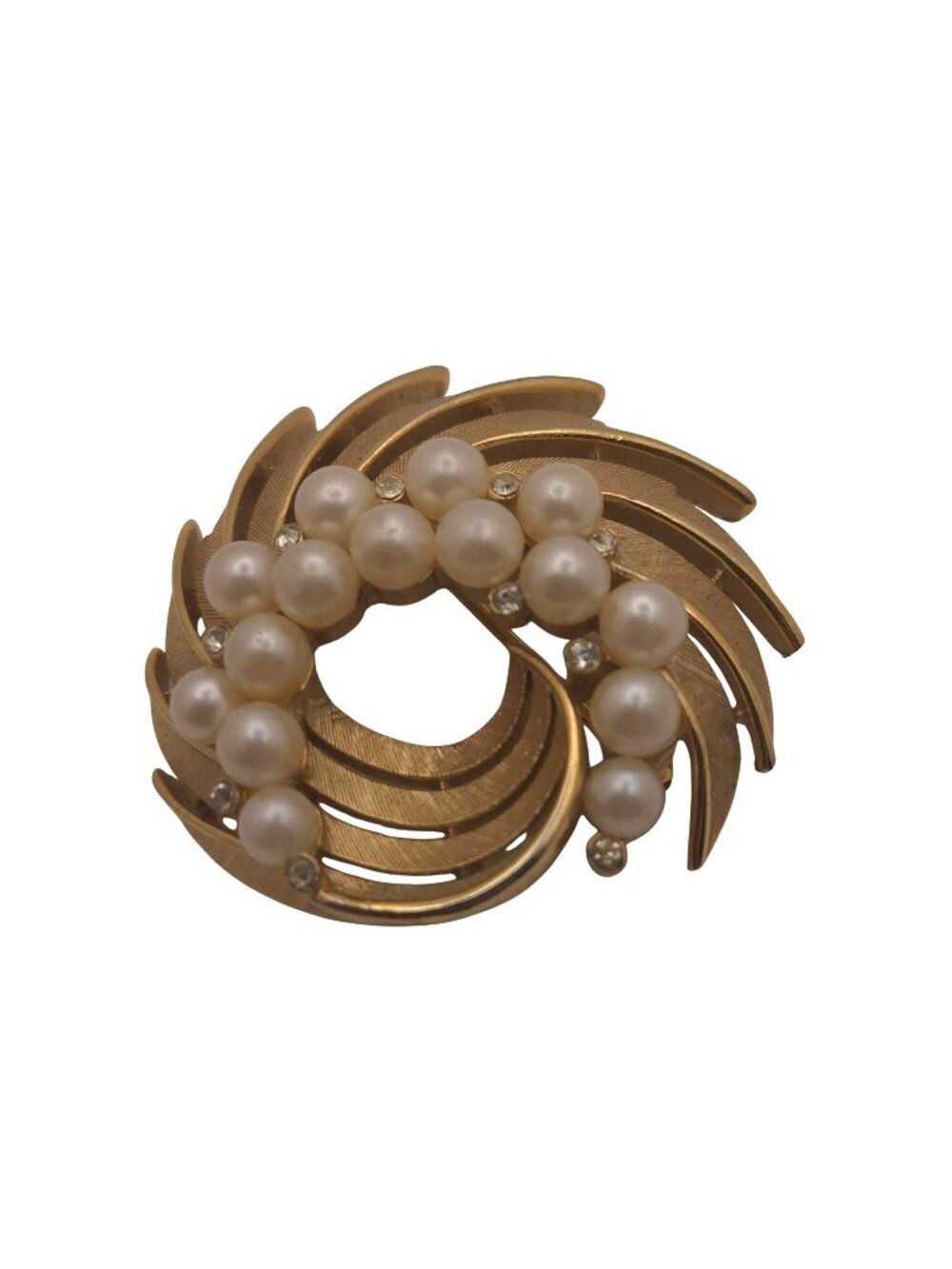 Vintage Trifari Gold Tone Swirl Brooch Faux Pearls & Rhinestones 1.75" Statement